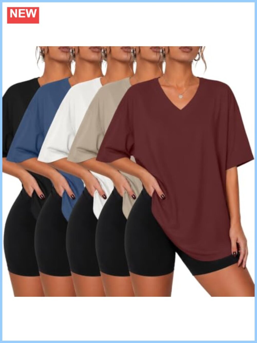 5 Pack Oversized V Neck Tees Women's Short Sleeve